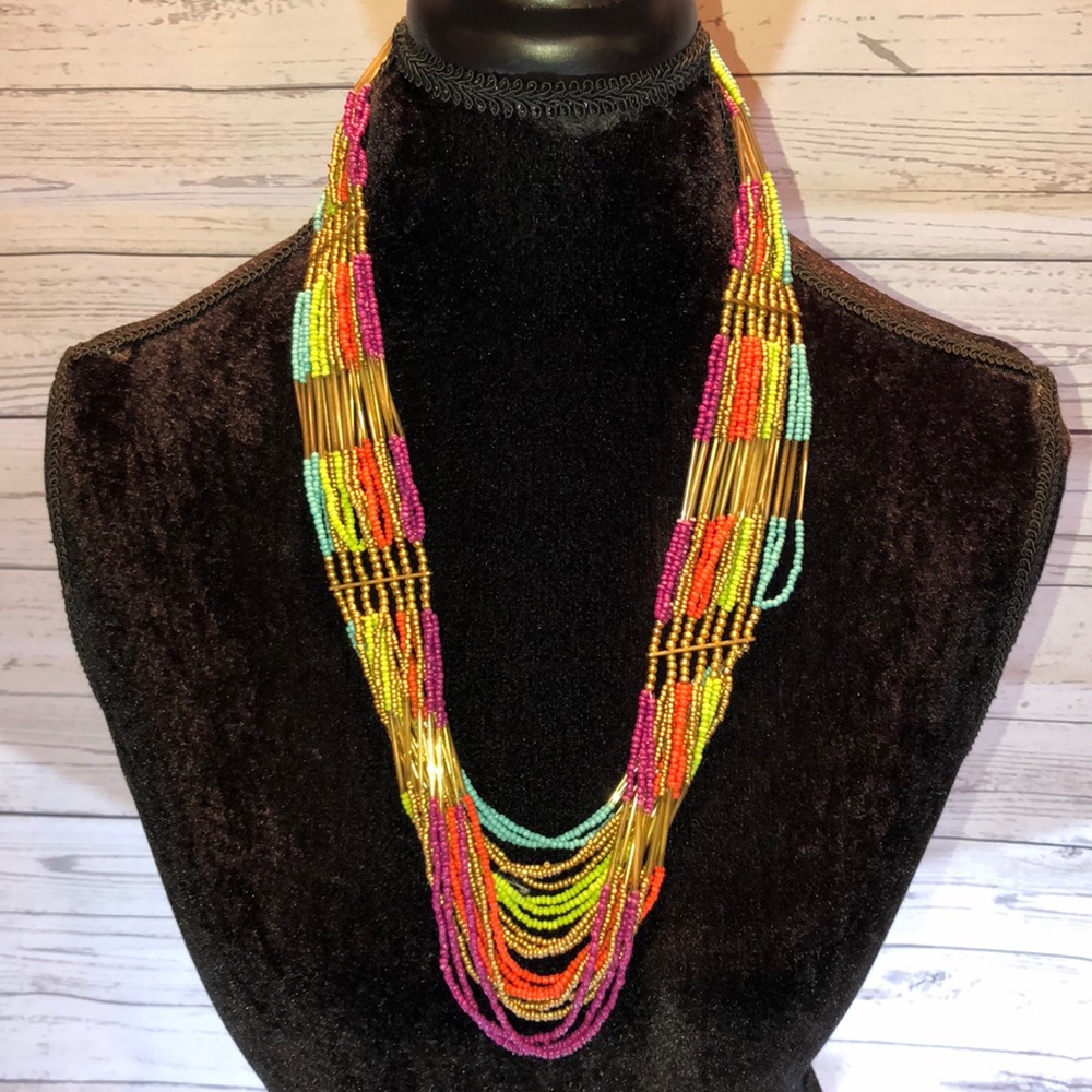 Multi-Colored Long Rainbow Layered Seed Bead Necklace with Gold Accents